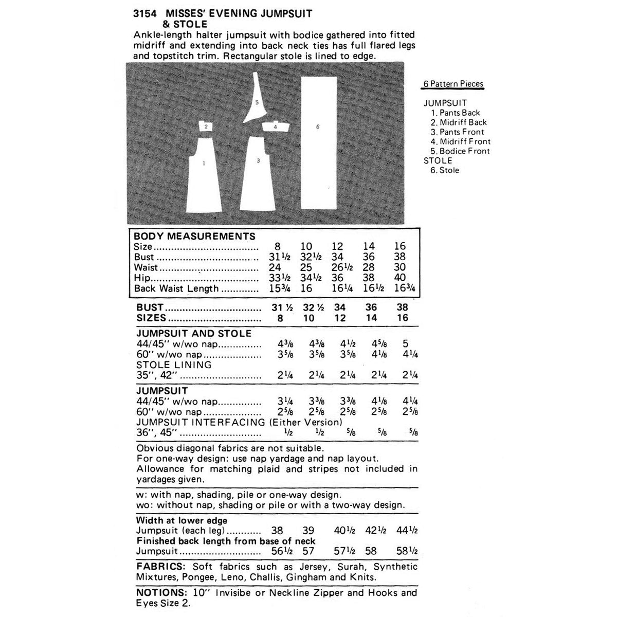 A printed sewing pattern sheet showing a pattern for 'Misses' Evening Jumpsuit & Stole', with a small black-and-white technical illustration, body measurements tables, sizing information, fabric notes, and numbered pattern pieces on a white page.