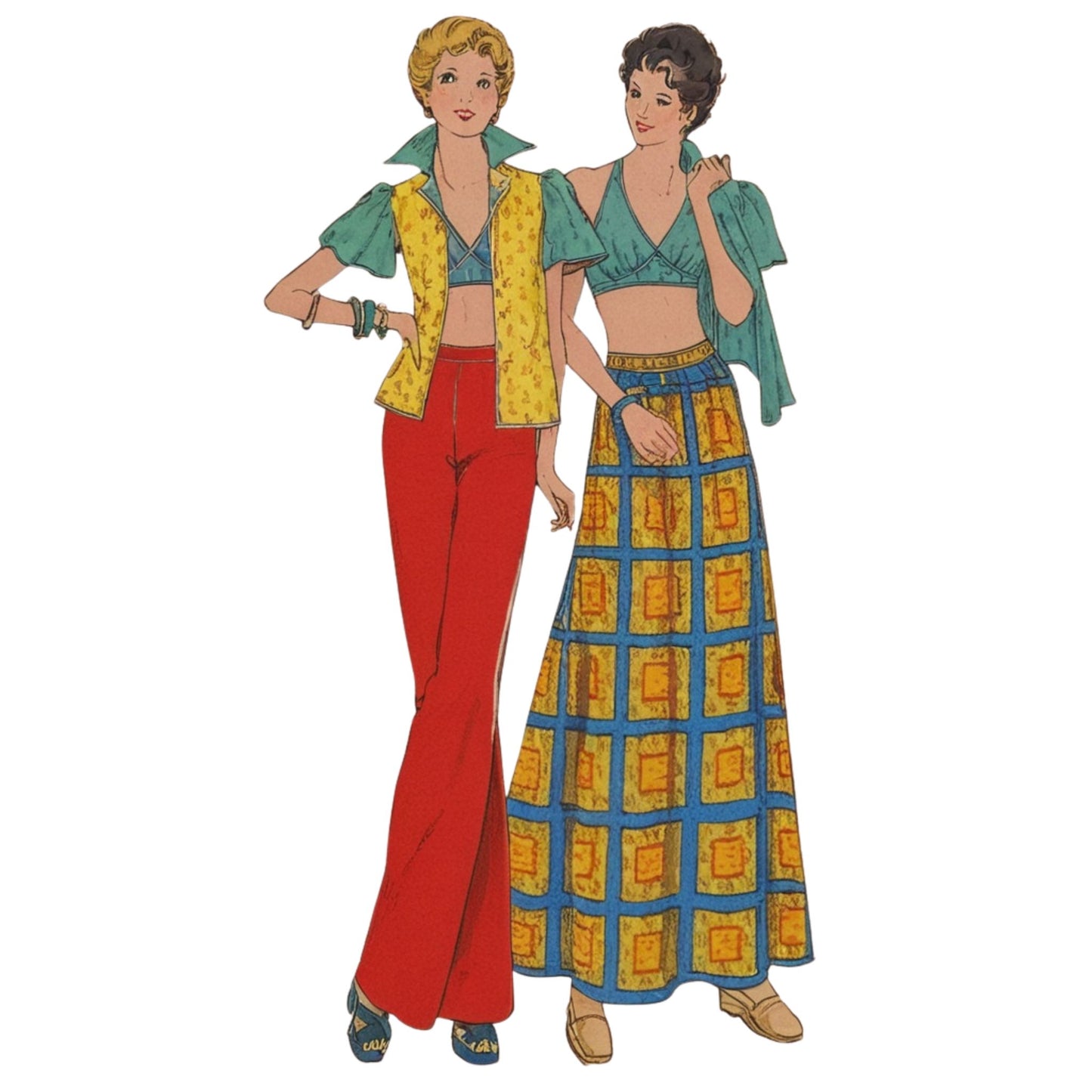 Illustration of two women wearing colorful outfits with a patterned skirt and red pants.