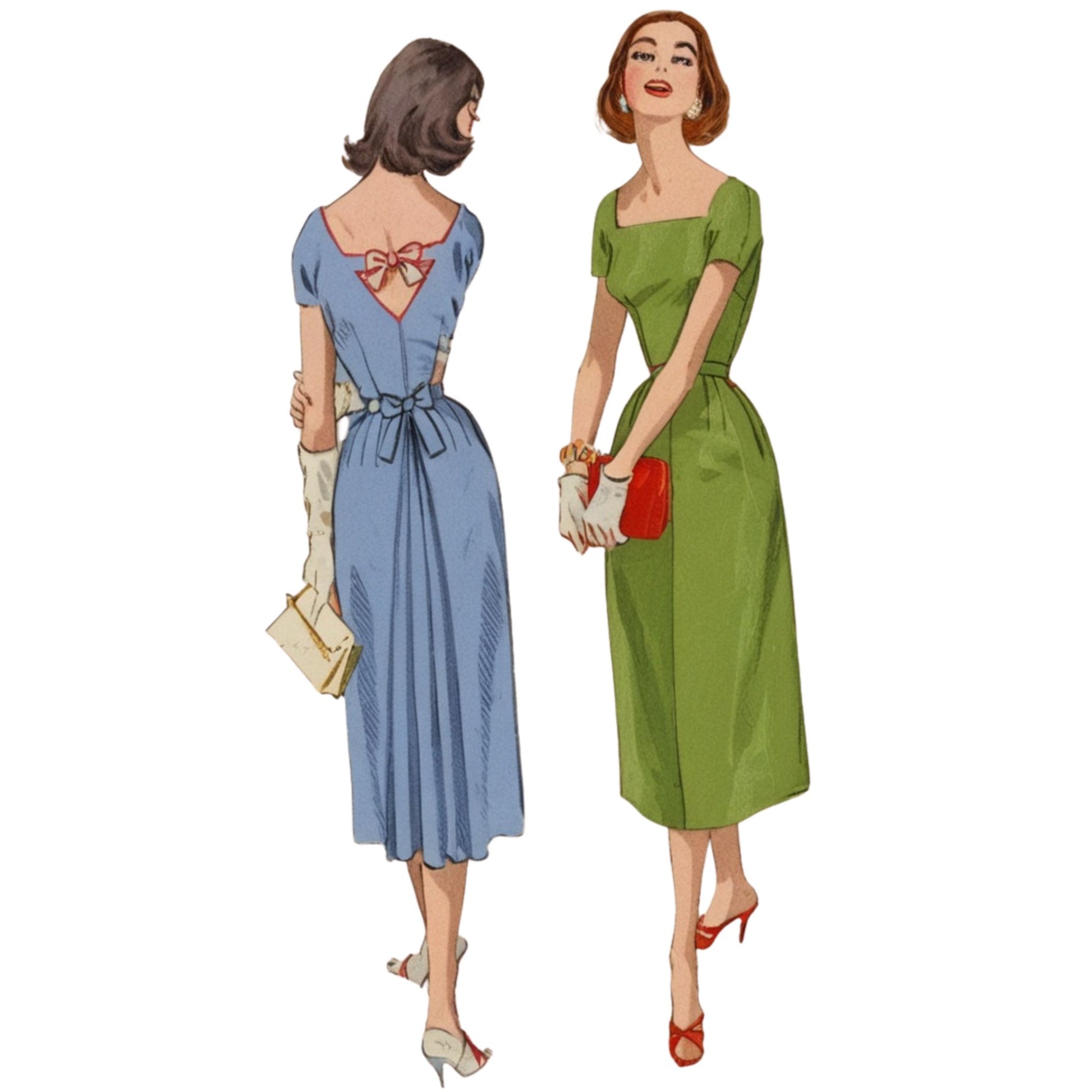 Two women in vintage-style dresses standing side by side on a white background