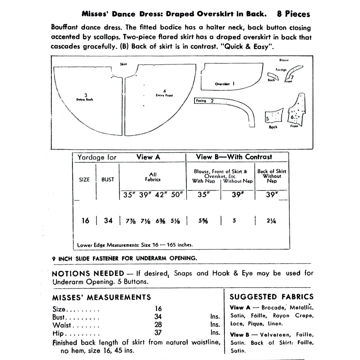 A printed garment measurement page for Misses' dance dress, showing construction notes, a size chart table, and suggested fabrics. 