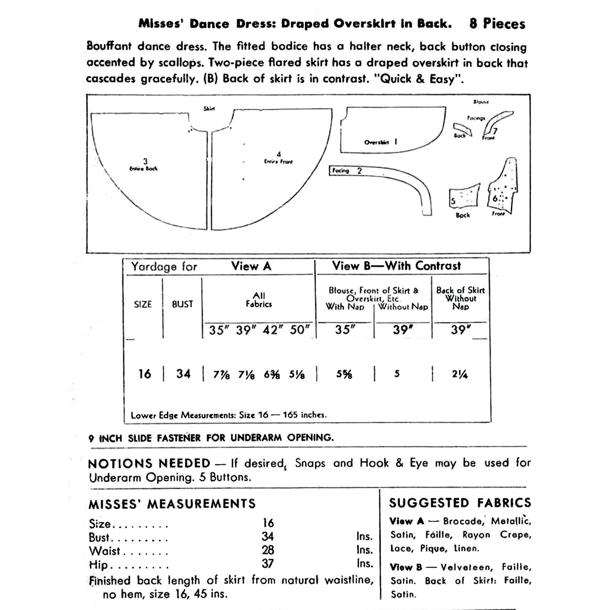 A printed garment measurement page for Misses' dance dress, showing construction notes, a size chart table, and suggested fabrics. 
