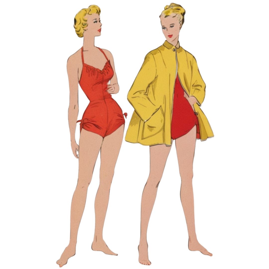 Illustration of two women in vintage swimwear and raincoat on a white background