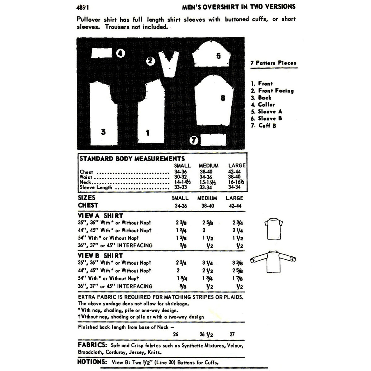 A printed garment measurement sheet for a men's overshirt, showing front and back pattern pieces labelled 1 through 7, a body measurement table, size and view tables, and small line drawings of the garments. The page includes fabric and construction notes at the bottom.