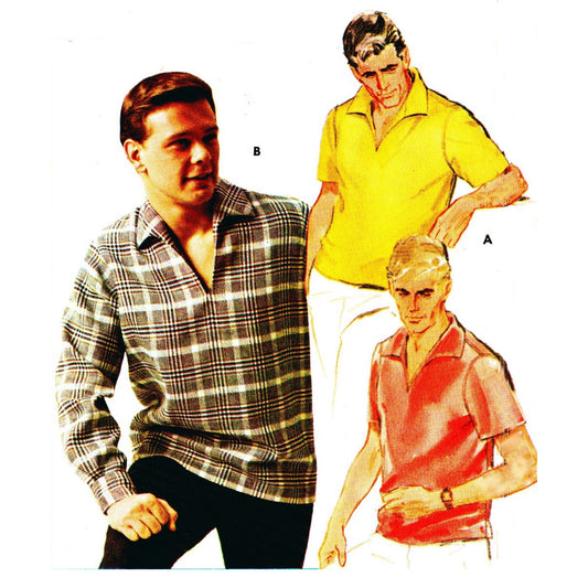 Model wearing men’s overnight shirt in two version made from Butterick 4891 pattern