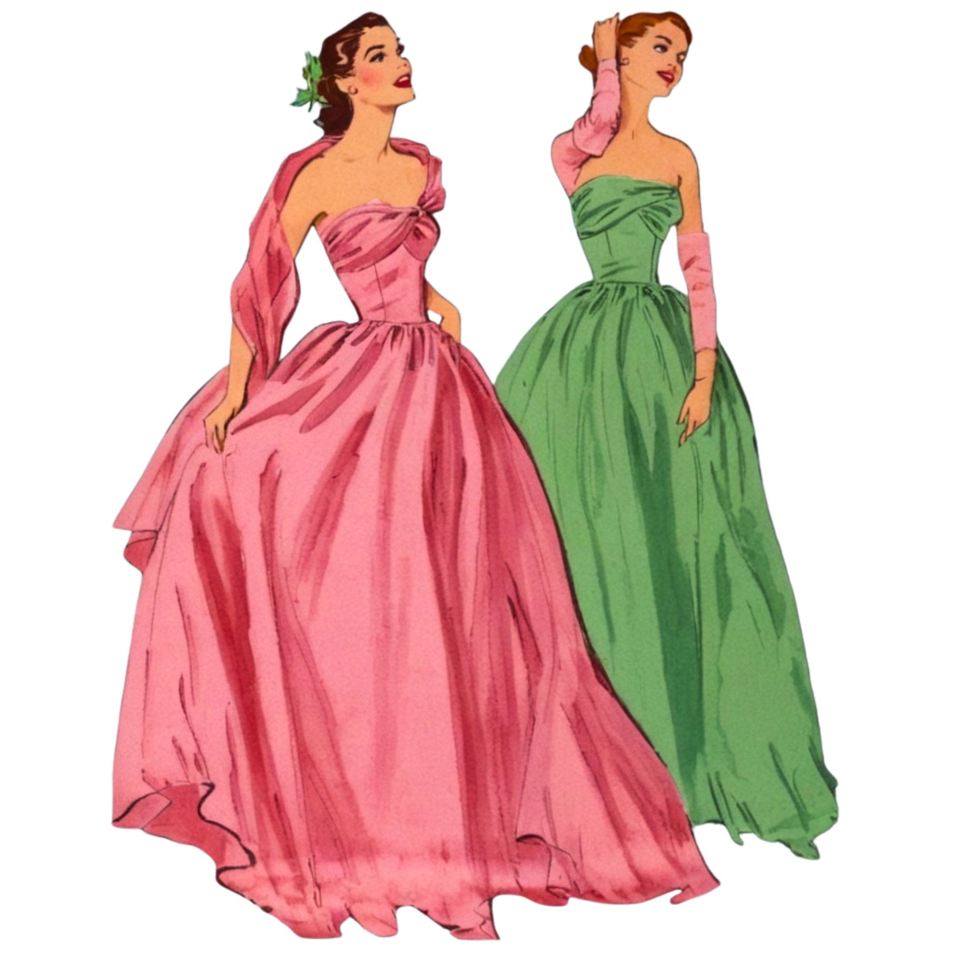 Two women in vintage-style pink and green strapless gowns on a white background