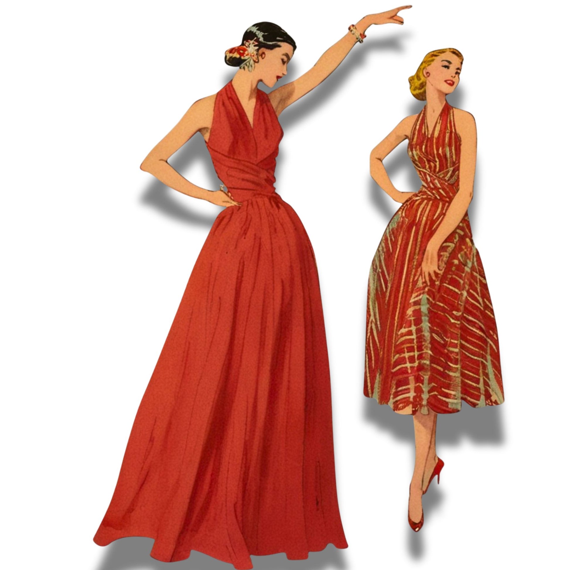 Two women wearing red dresses on a white background