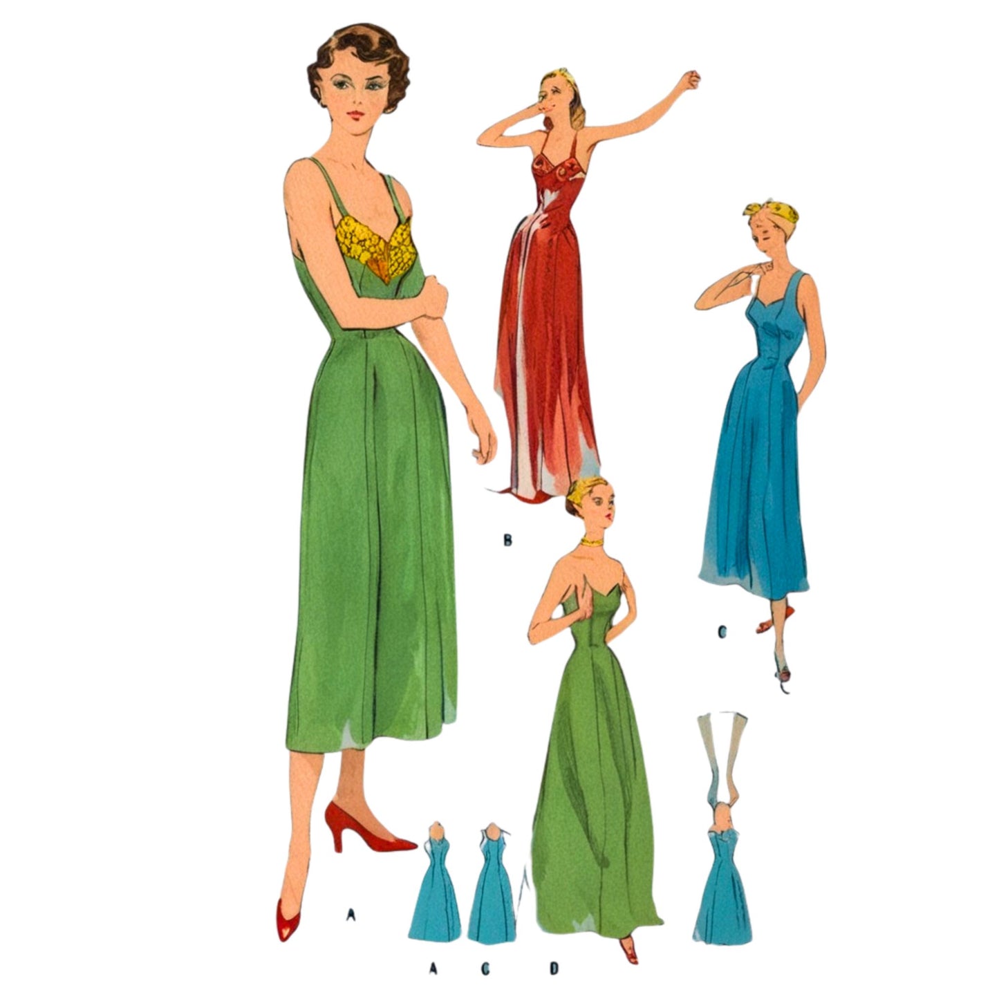 Illustrations of women in vintage dresses on a white background