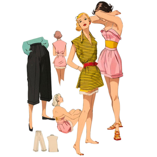 Illustration of a woman in various outfits with accessories on a white background