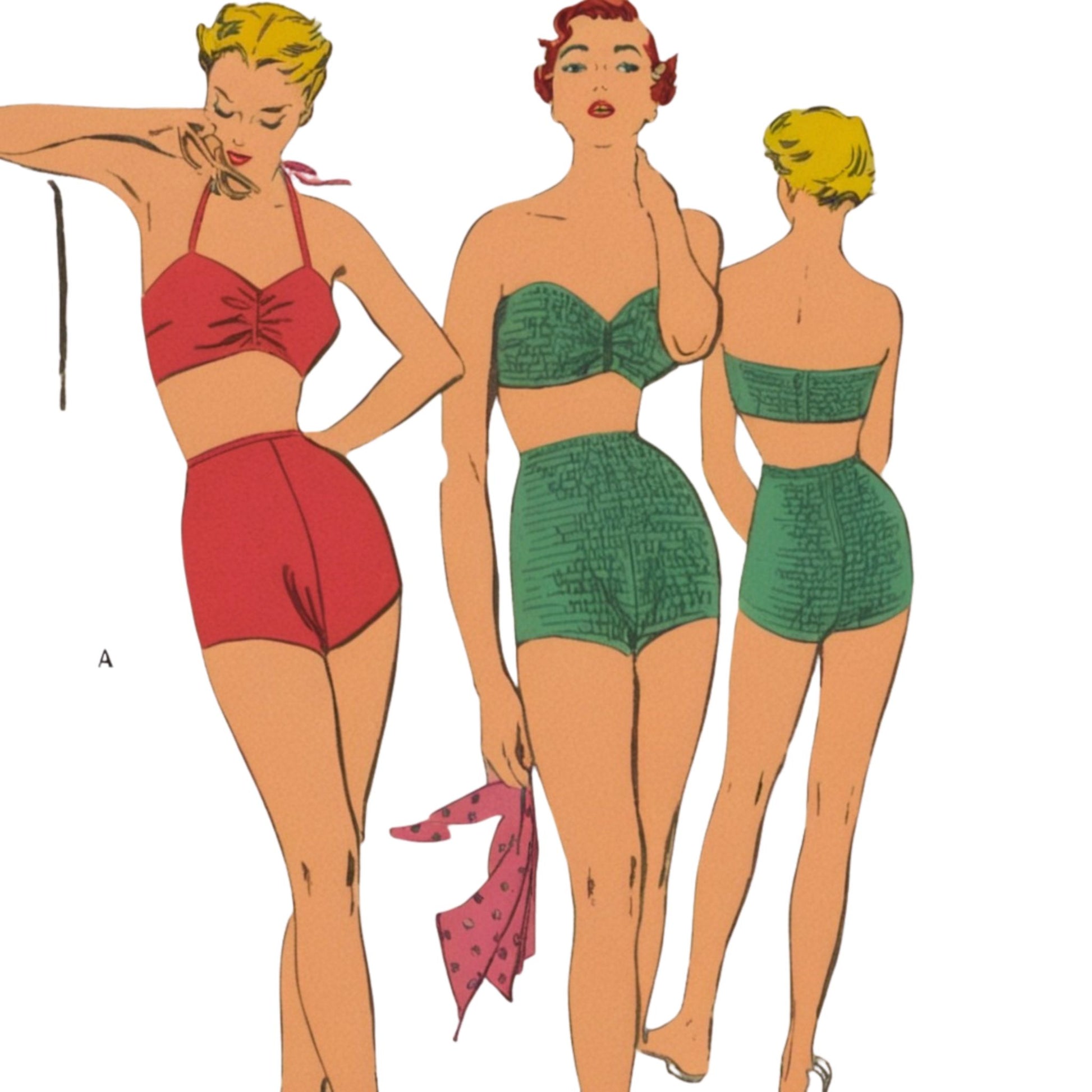 Illustration of three women wearing vintage swimsuits on a white background