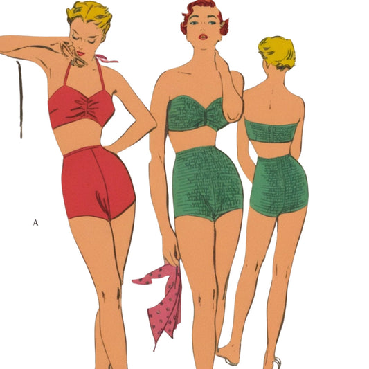 Illustration of three women wearing vintage swimsuits on a white background