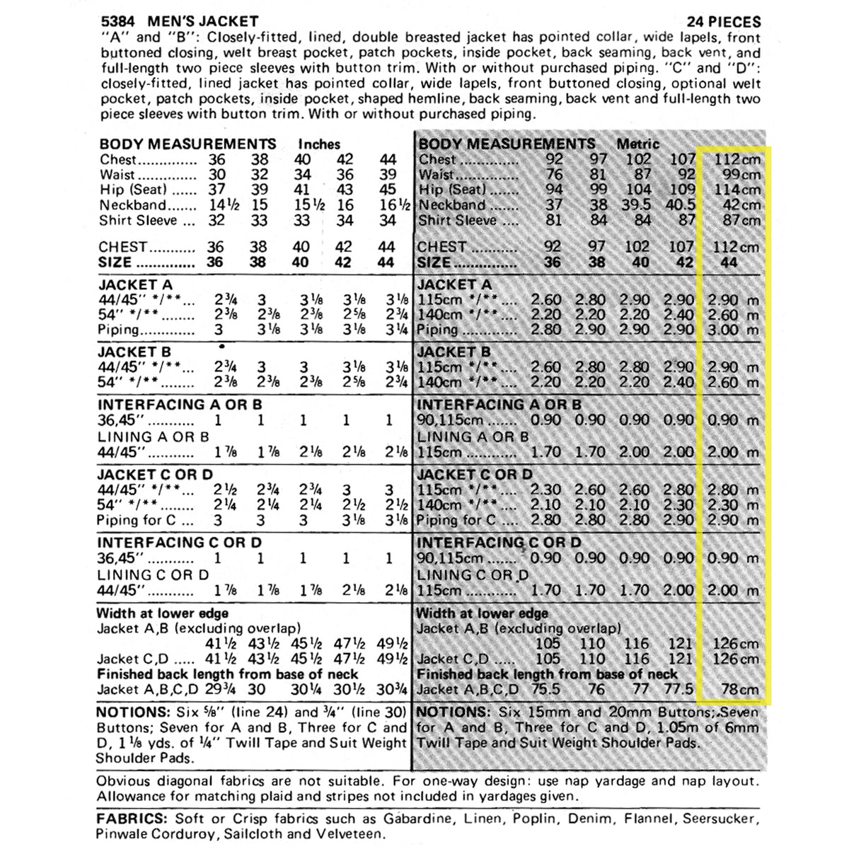A printed measurement chart for a men's jacket, showing body measurements in inches and centimetres, plus a size table and fabric/trim details. The chart highlights size 44 measurements in yellow.