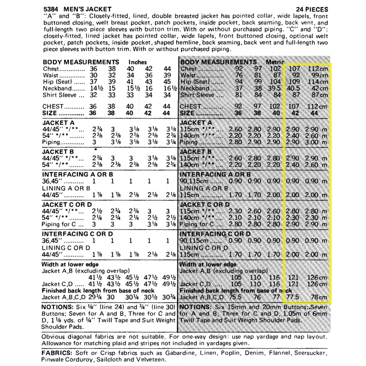 A printed measurement chart for a men's jacket, showing body measurements in inches and centimetres, plus a size table and fabric/trim details. The chart highlights size 42 and 44 measurements in yellow.