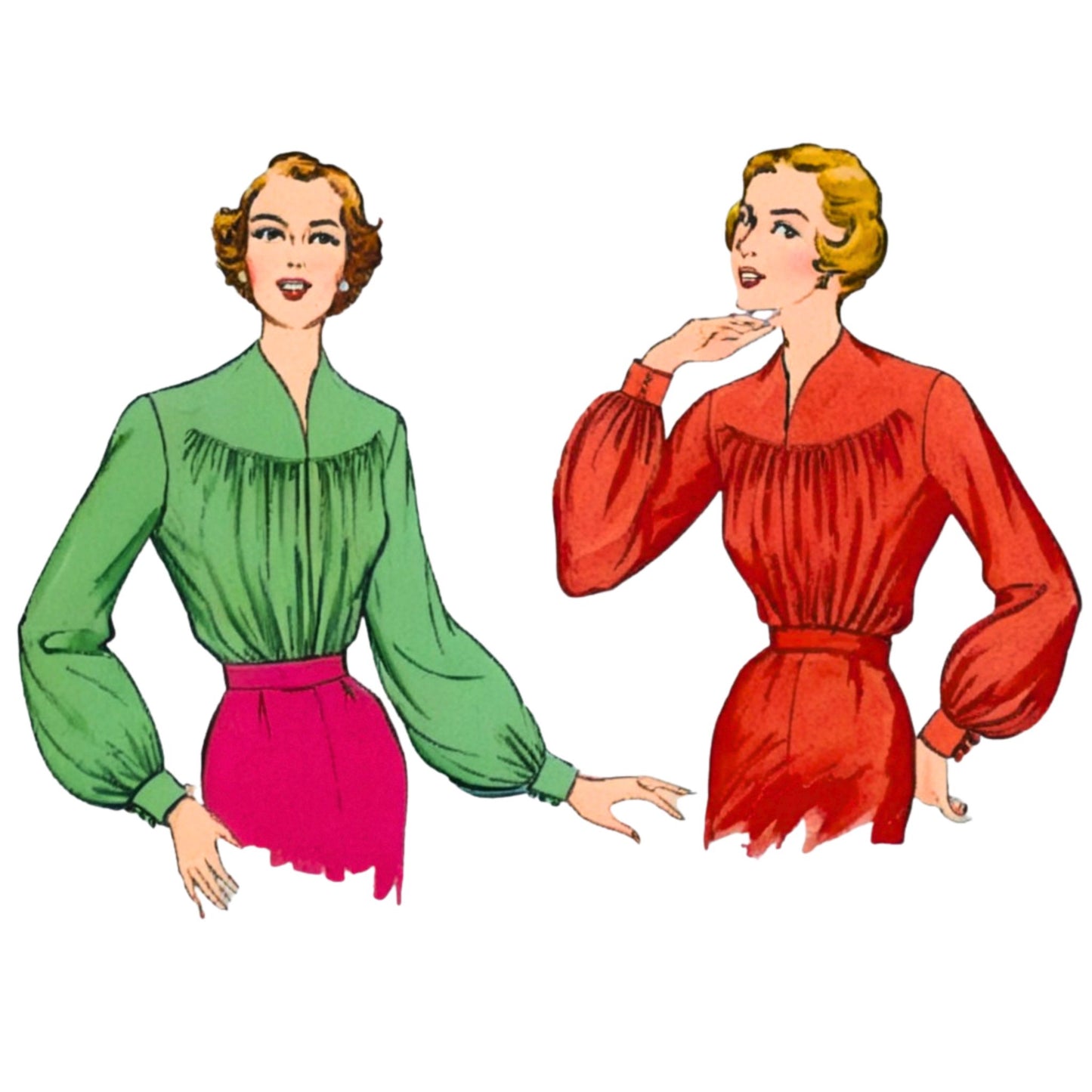 Two women wearing vintage-style blouses and skirts on a white background