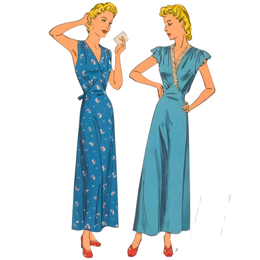 Two women wearing blue dresses with a white background