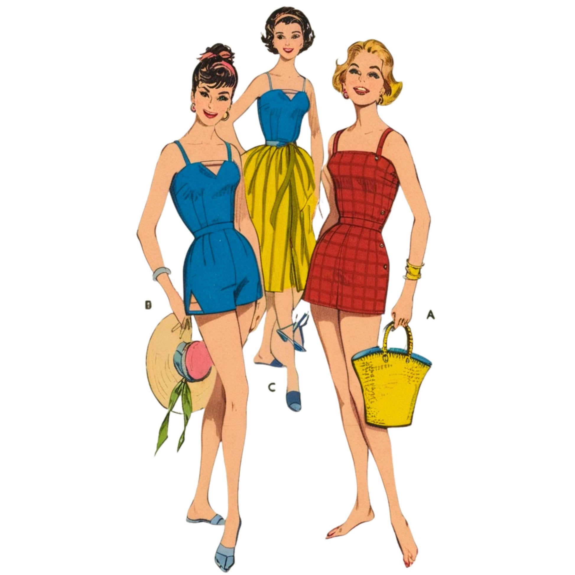 Illustration of three women in vintage swimsuits with accessories on a white background