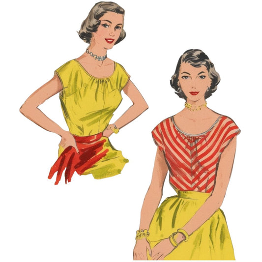 Two women in vintage-style outfits with a yellow dress and red skirt, and a red and white striped top with a yellow skirt.