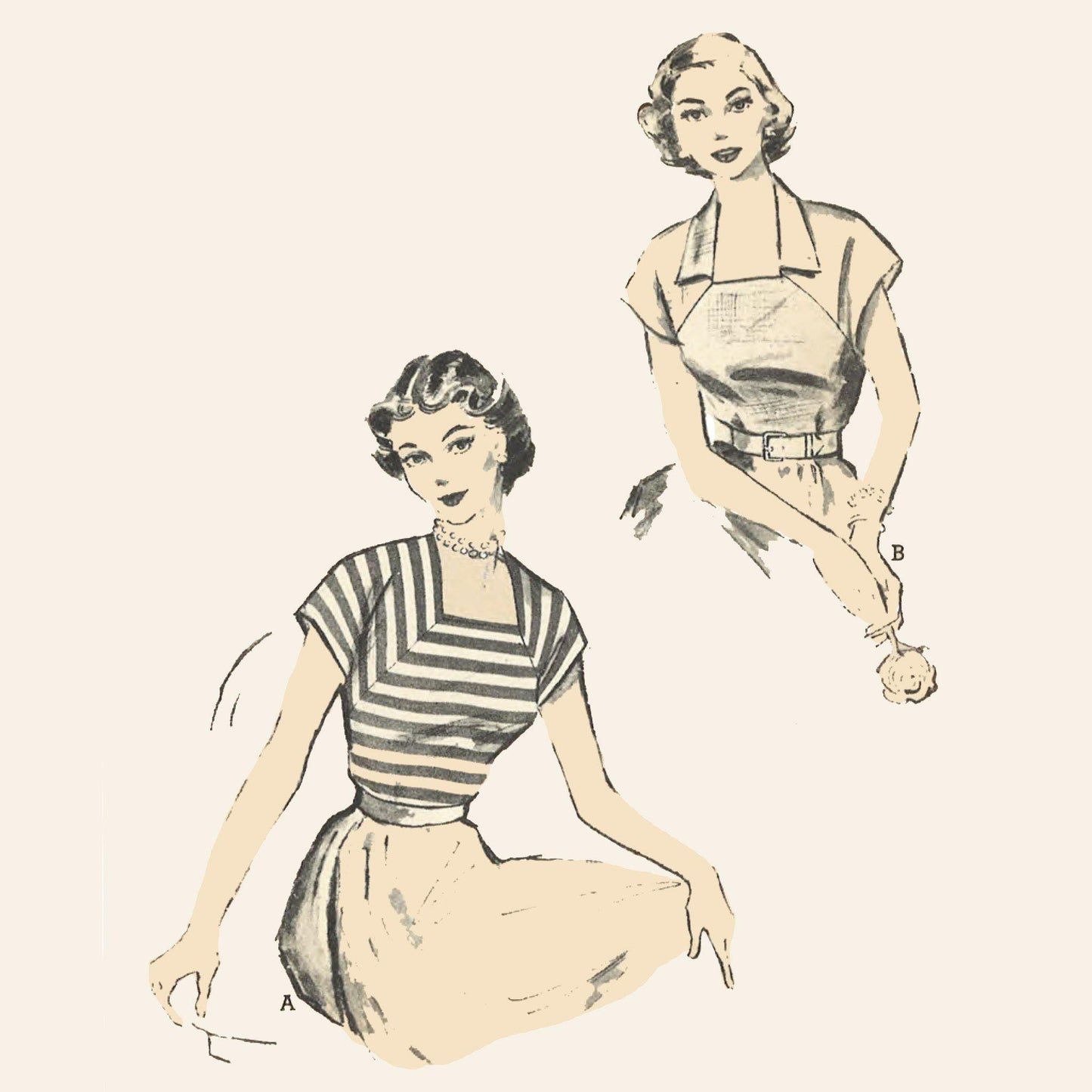 Vintage illustration of two women wearing different outfits on a plain background