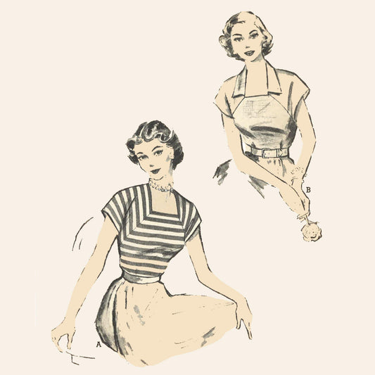 Vintage illustration of two women wearing different outfits on a plain background