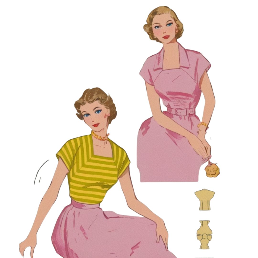 Two women with vintage clothing and accessories on a white background