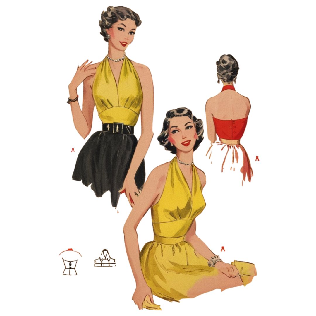 Vintage-style illustration of a woman wearing a yellow halter top with a black skirt, sitting on a white background.
