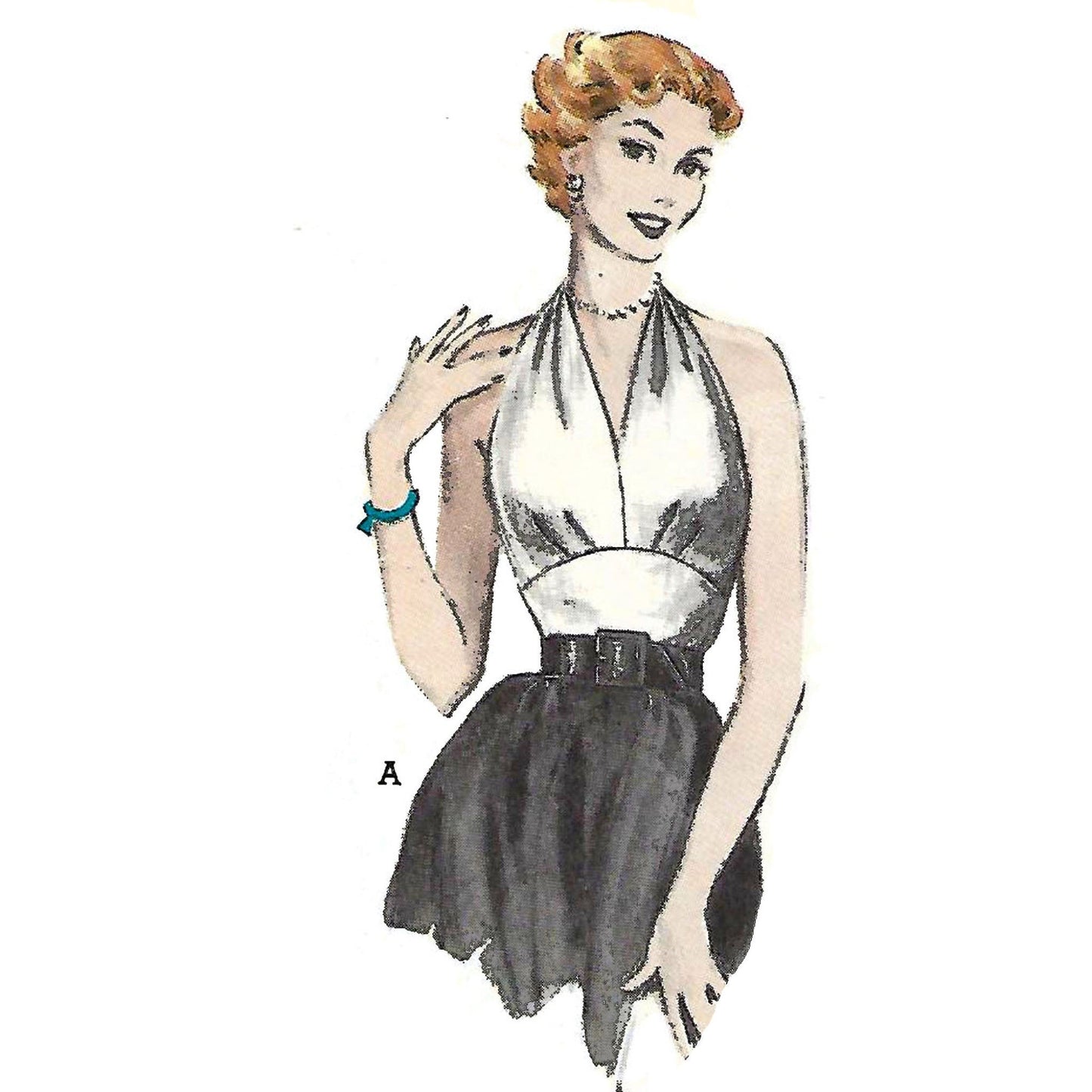 Model wearing 1950s halter-neck blouse made from Butterick 6136 pattern