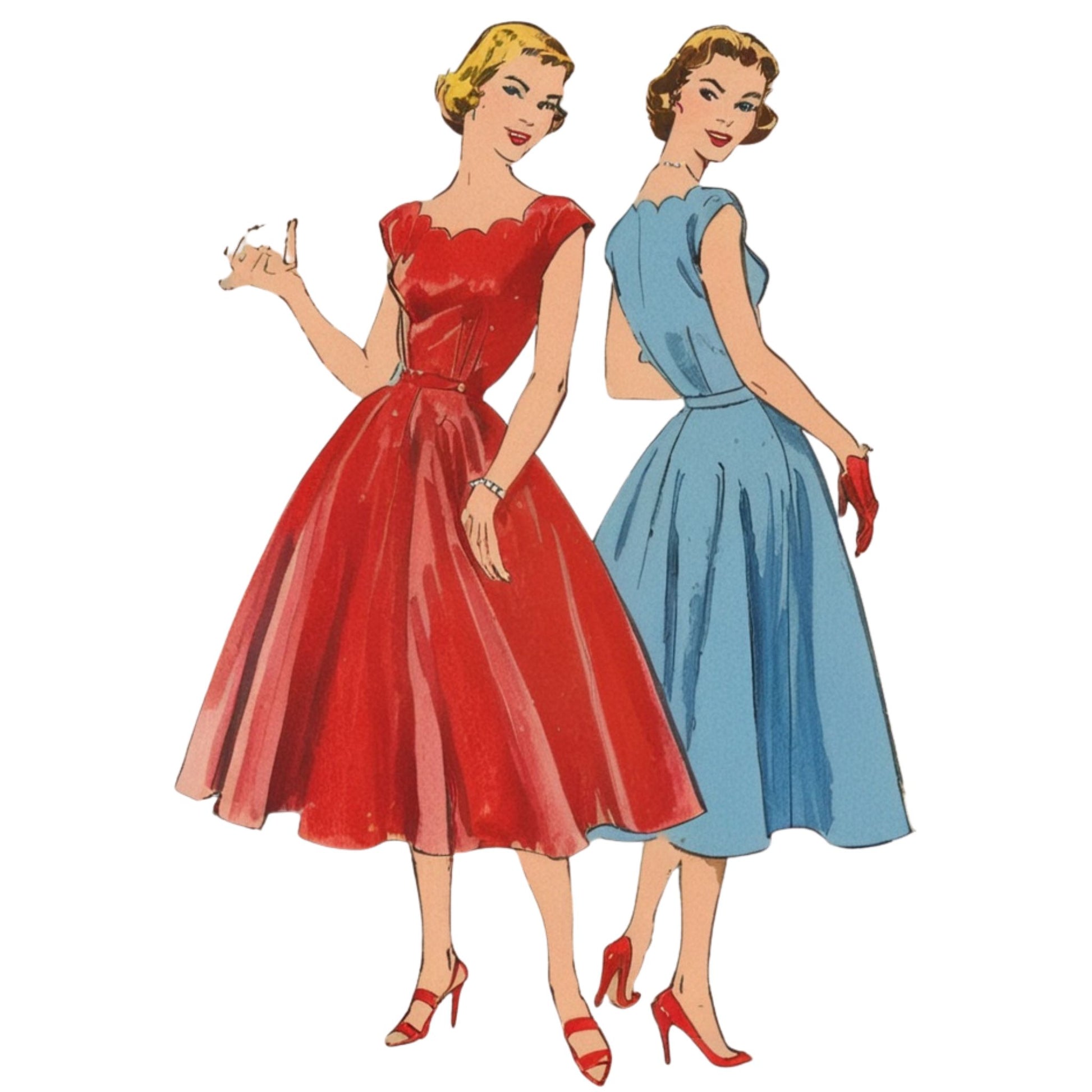 Two women in vintage-style dresses, one red and one blue, on a white background.