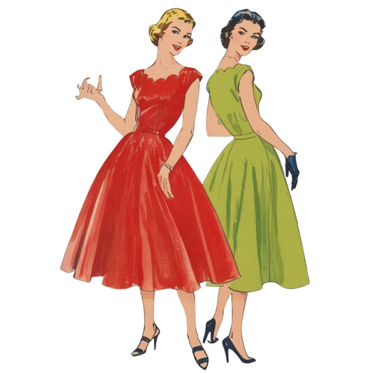 Two women in vintage-style dresses on a white background