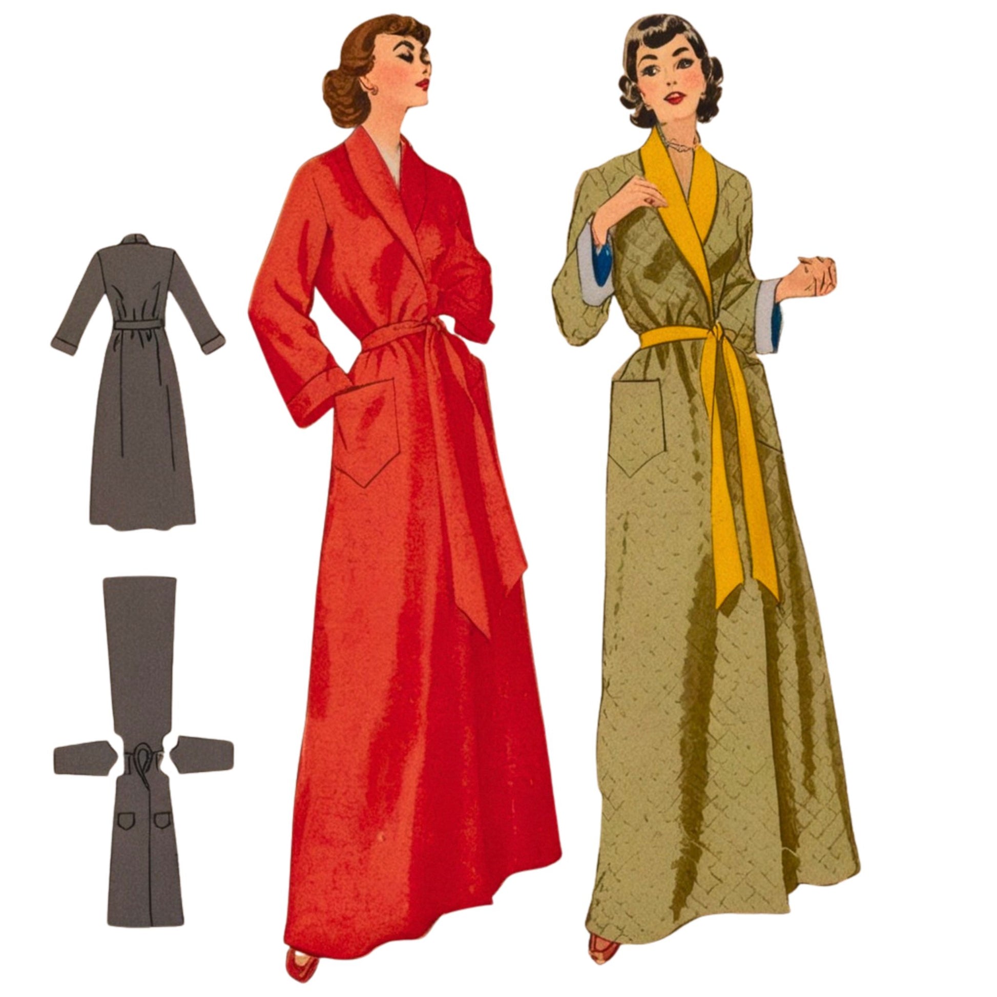 Illustration of two women wearing long robes with a smaller gray robe on a white background.