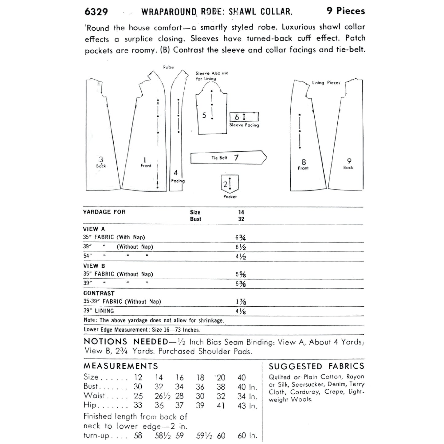 A printed fabric pattern sheet showing wraparound robe construction details, including labelled body and sleeve measurements, a yardage table, and a fabric suggestions list. The page includes line drawings and text.