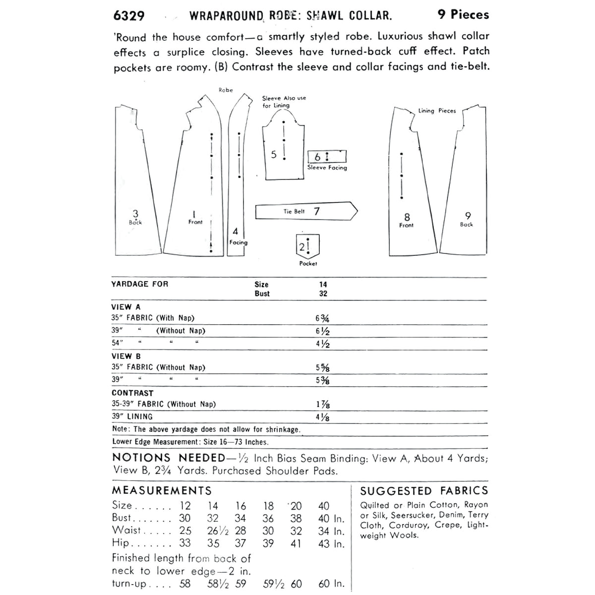 A printed fabric pattern sheet showing wraparound robe construction details, including labelled body and sleeve measurements, a yardage table, and a fabric suggestions list. The page includes line drawings and text.