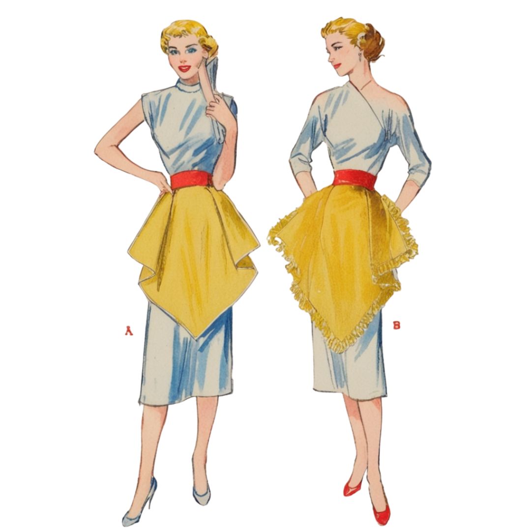 Two vintage-style dress patterns with a yellow skirt and red belt on a white background.