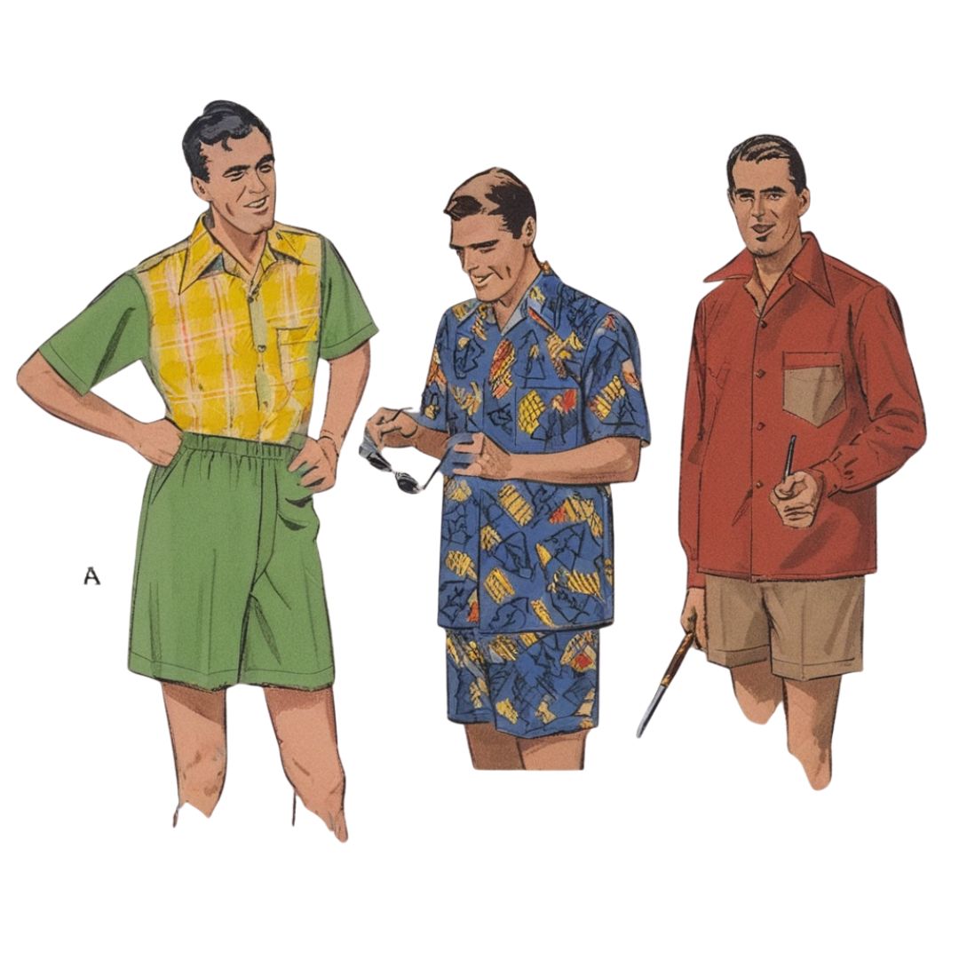 Three men in vintage-style clothing on a white background