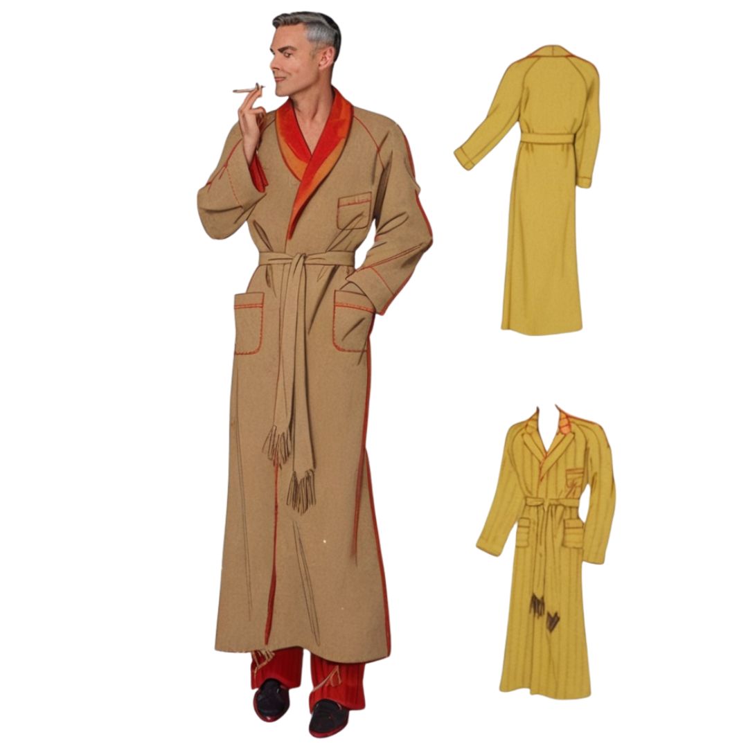 Man wearing a long beige robe with red trim, displayed with two additional views of the robe on a white background.