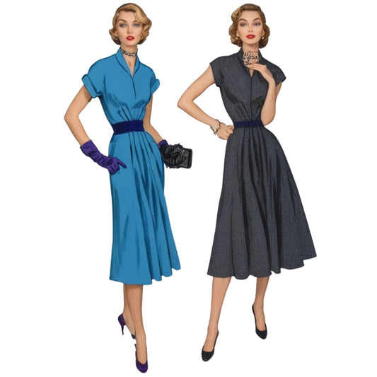 Two women wearing vintage-style dresses on a white background