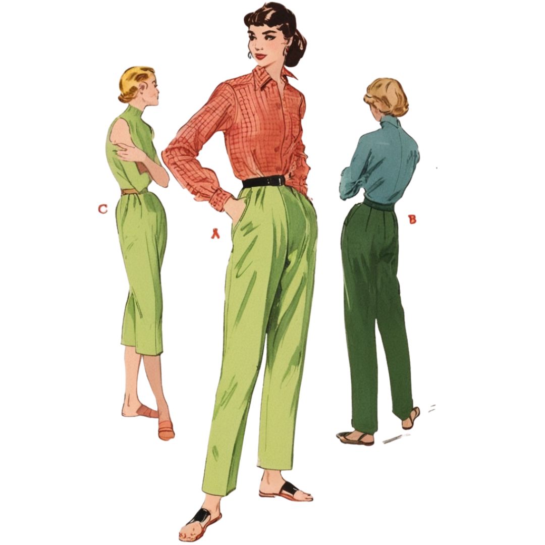 Vintage fashion illustration of a woman wearing green pants with two views from different angles on a white background.