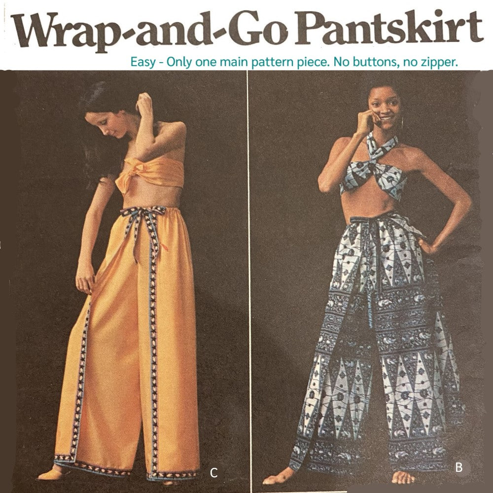Vintage sewing pattern cover for a wrap-and-go pants skirt, showing two female models wearing the garment. The left model wears a solid mustard yellow version labeled C, and the right model wears a blue and white patterned version labeled B.