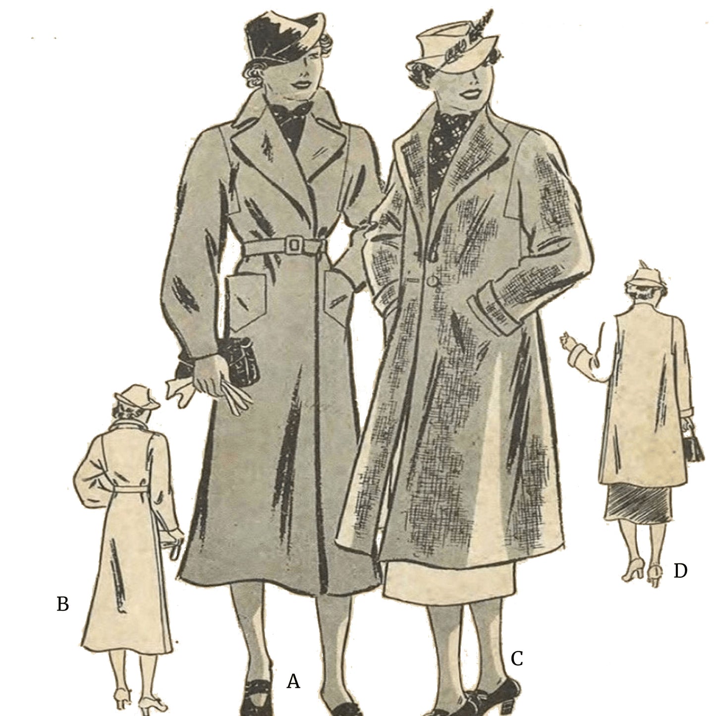 Illustration of women wearing long coats with a smaller figure to the right, labeled A, B, C, and D.