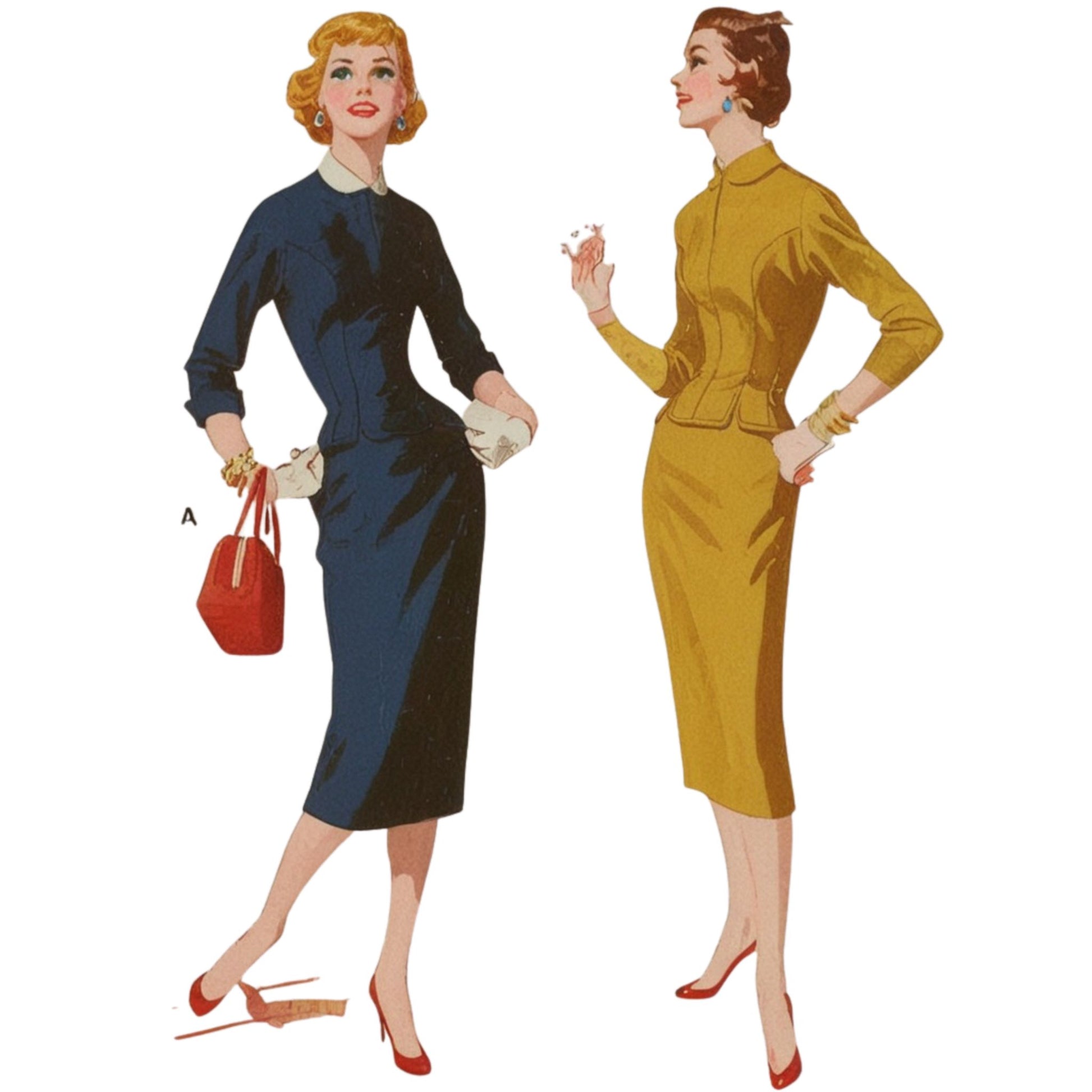Two women in vintage-style dresses with a white background