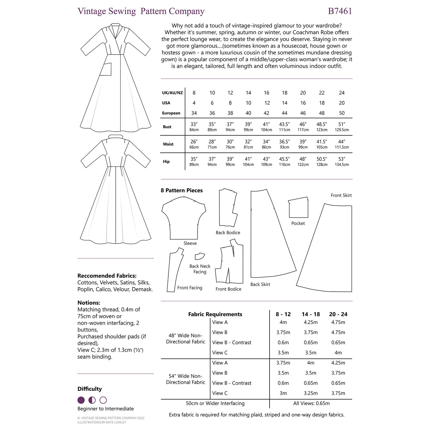 A vintage sewing pattern sheet from the Vintage Sewing Pattern Company, B7461, showing a front view and back view of a dress pattern with measurements, fabric requirements, and notes on pattern pieces and recommended fabrics.