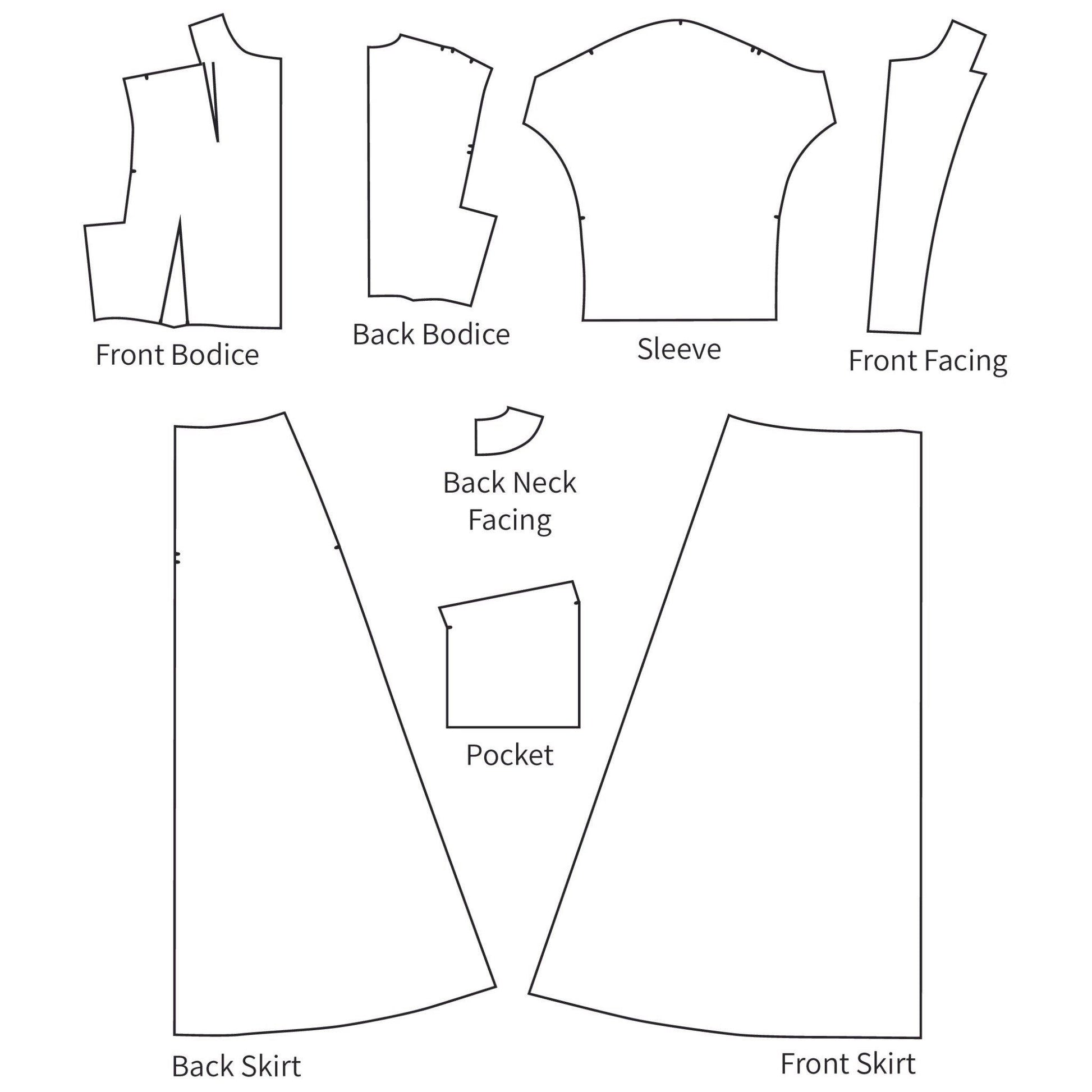 Line drawing of all pattern pieces included in "1950s Pattern, House Dress, 'Coachman Robe'"