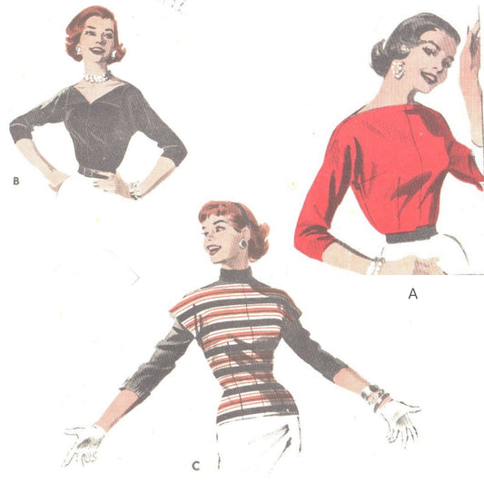 Model wearing blouse: three styles made from Butterick 7490 pattern