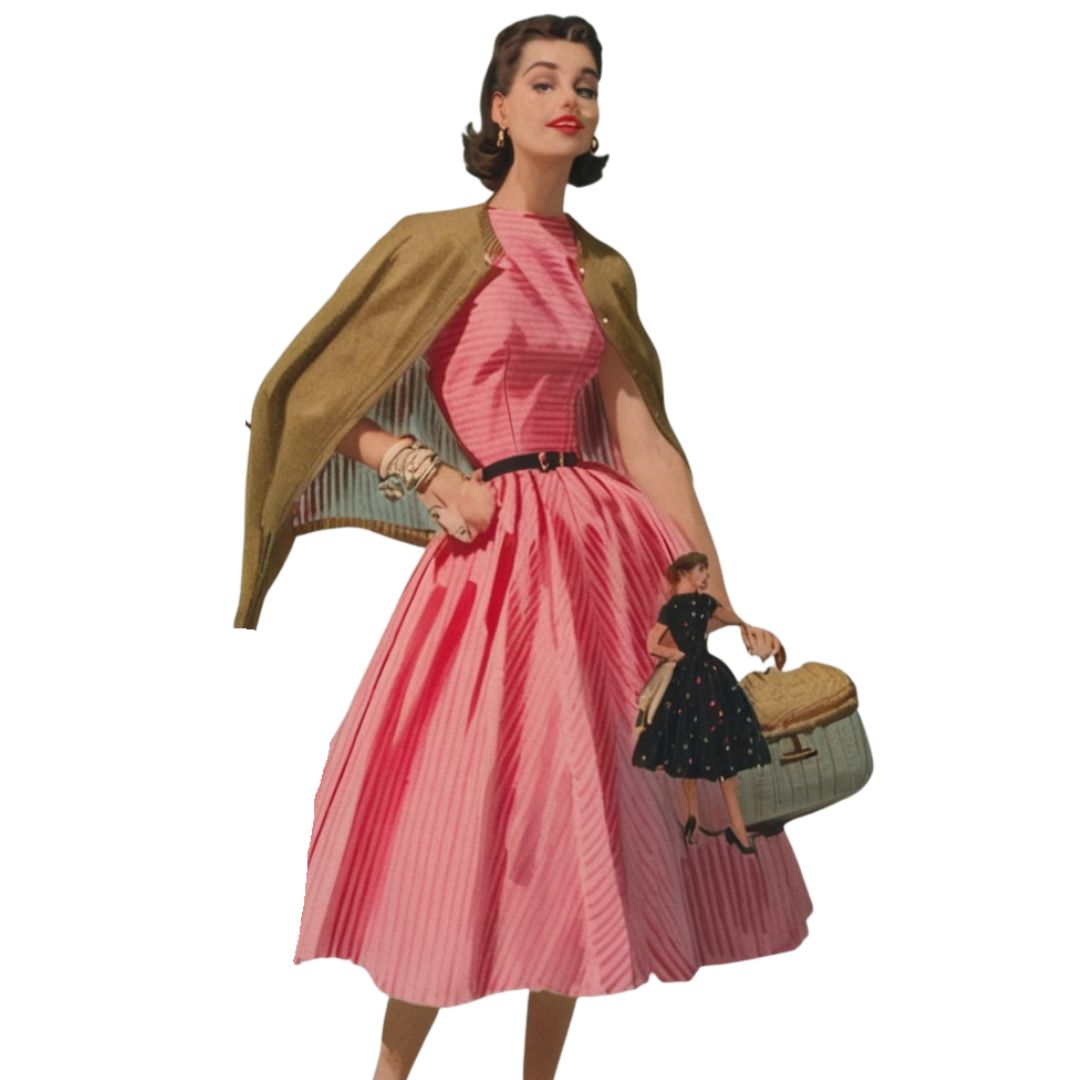 Vintage-style illustration of a woman in a pink dress with a green jacket, holding a suitcase and a doll.