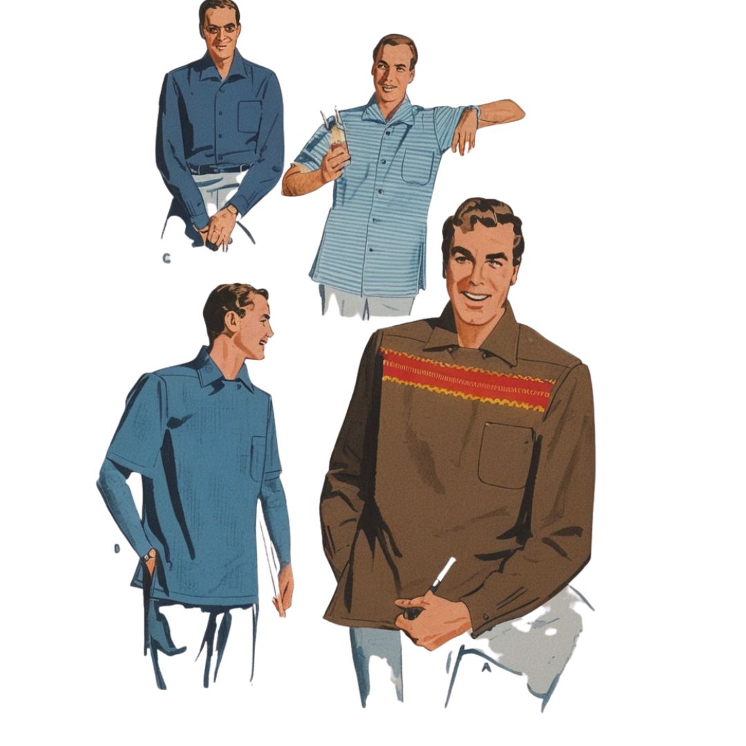 Illustrations of men wearing different shirts on a white background