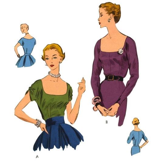 Illustrations of women wearing vintage dresses with small inset images showing different views.