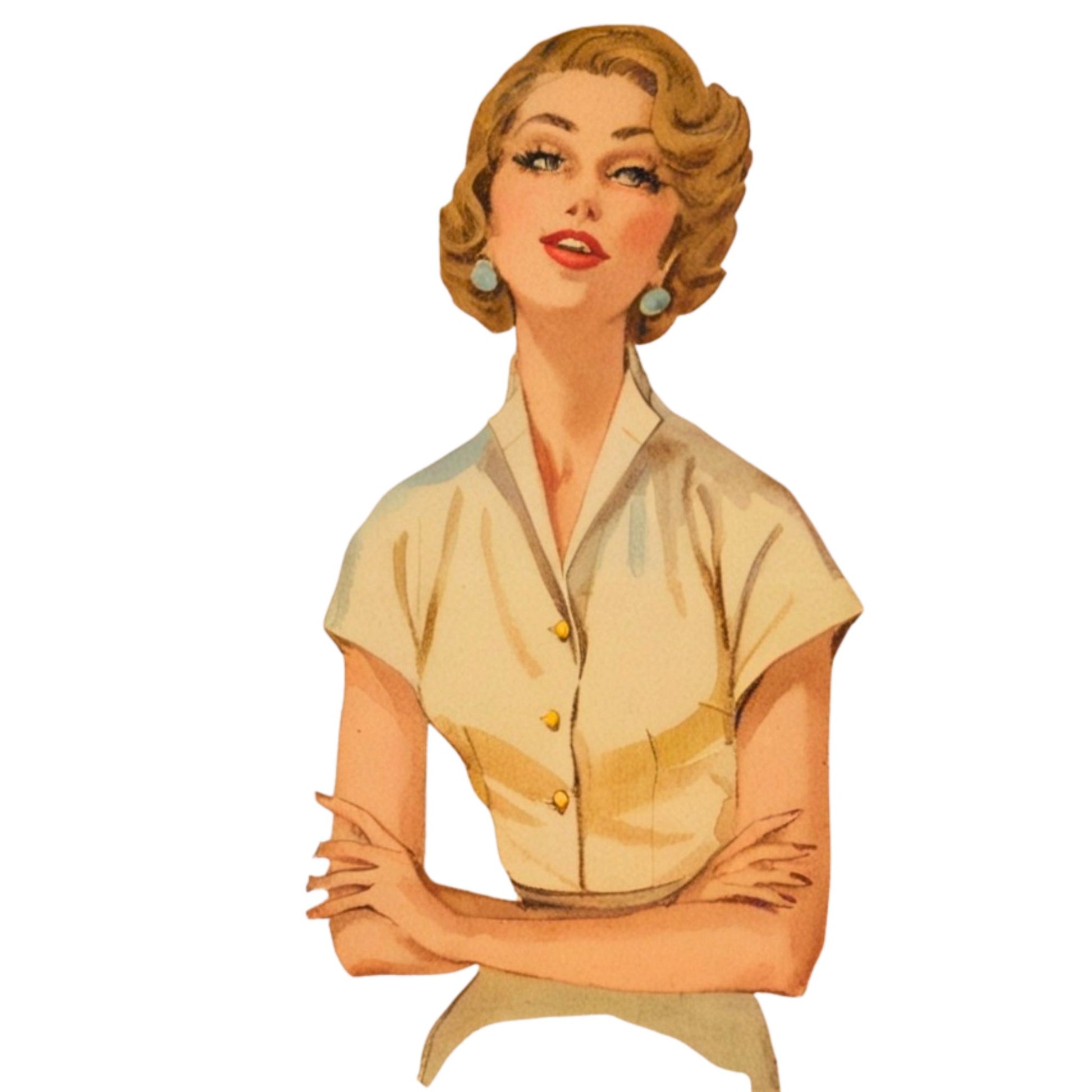 Illustration of a woman wearing a beige blouse with a white background