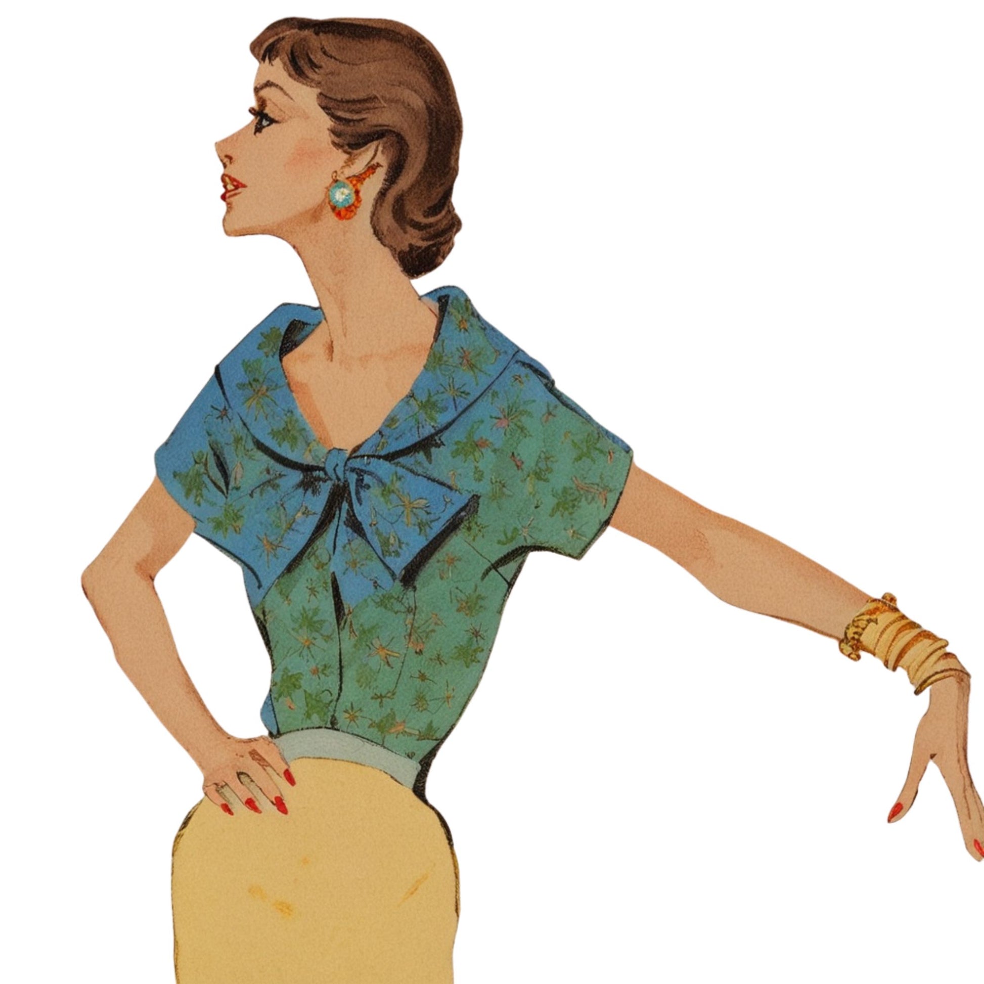 Illustration of a woman wearing a floral blouse with a blue collar and yellow skirt on a white background.