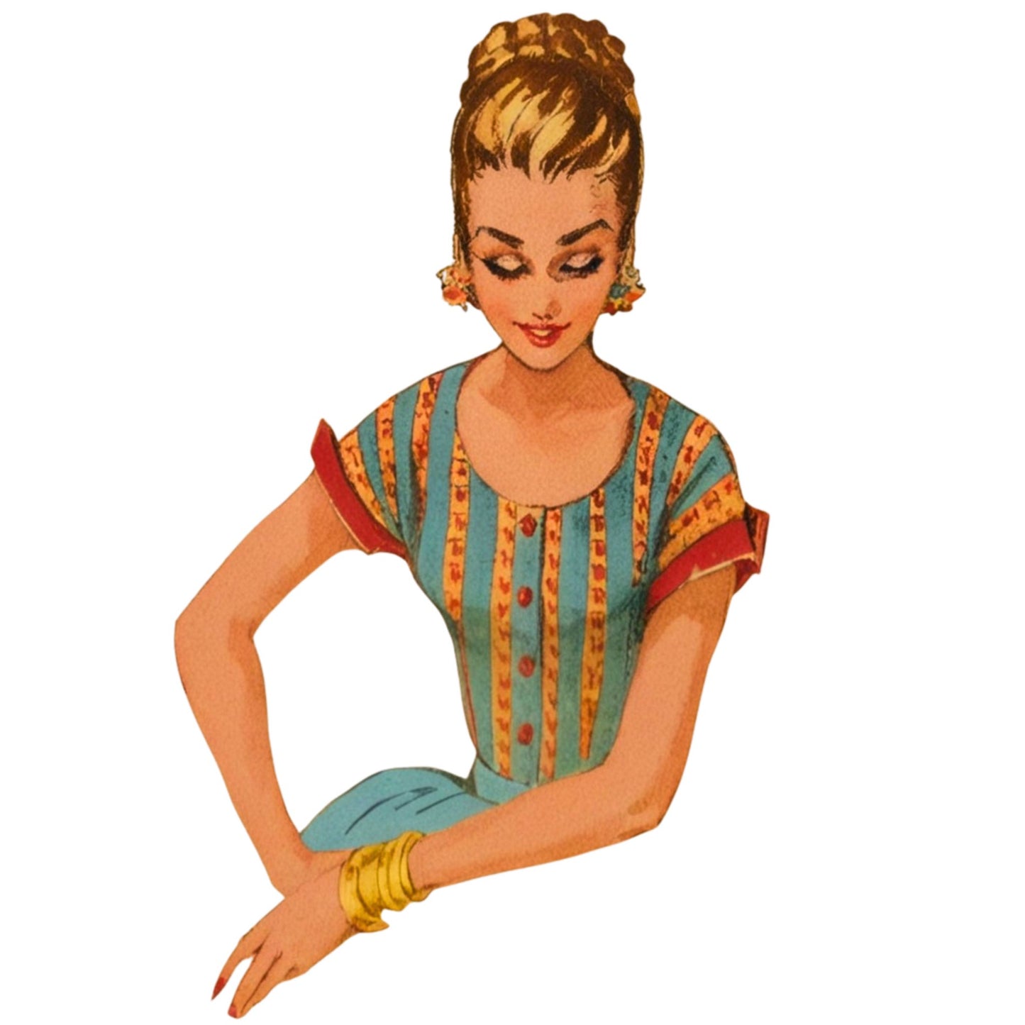 Illustration of a woman wearing a patterned dress with gold jewelry on a white background