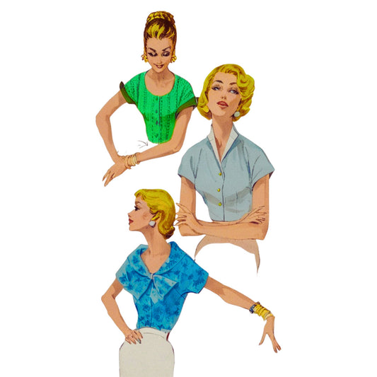 Three illustrated women wearing different colored blouses on a white background