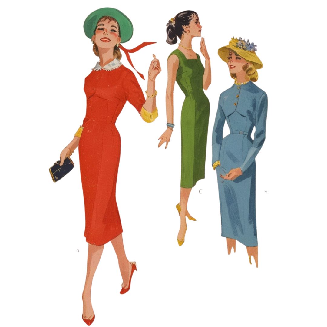 Three women in vintage dresses on a white background
