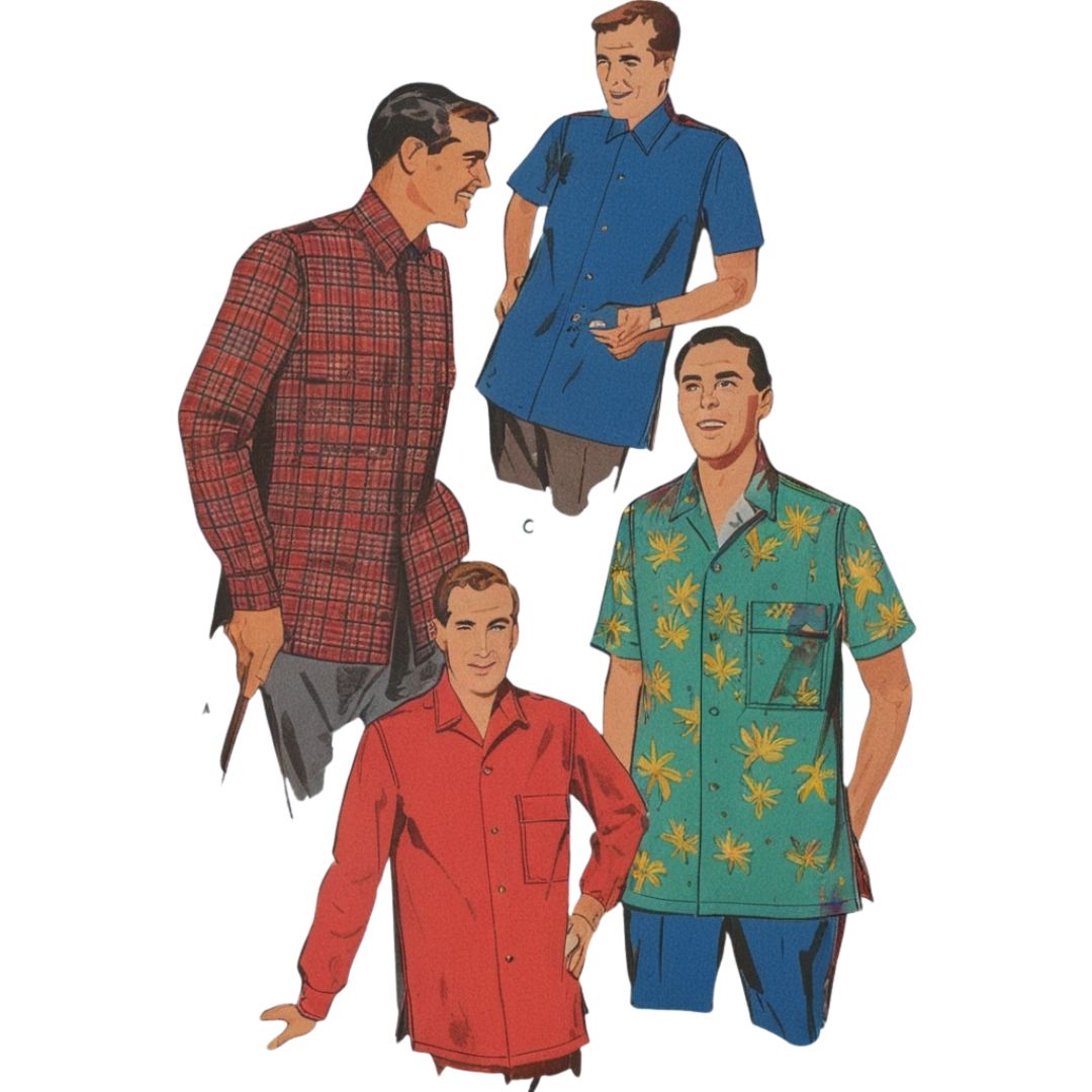 Four men wearing different colored shirts with patterns on a white background